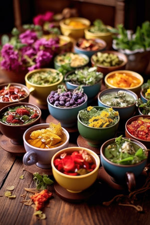 herbal tea assortment in colorful teacups, created with generative aiの素材
