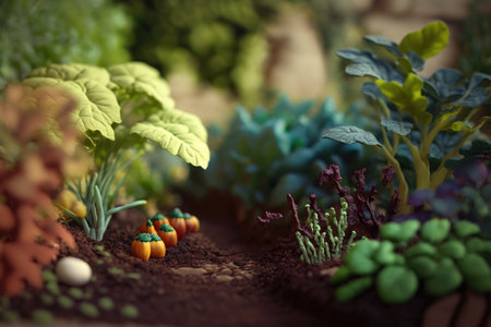 close-up of vegetable garden, with individual plants in focus, created with generative aiの素材