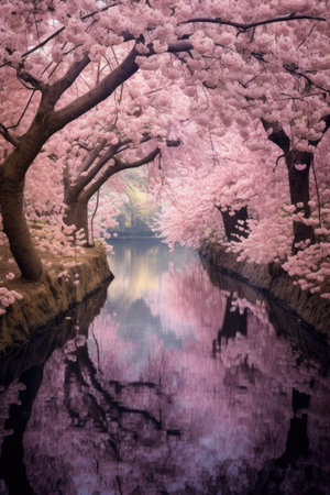 cherry blossoms framing a tranquil pond, created with generative aiの素材