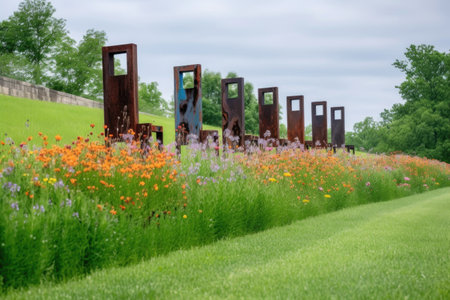 row of unique sculptures on a grassy knoll, surrounded by blooming flowers, created with generative aiの素材