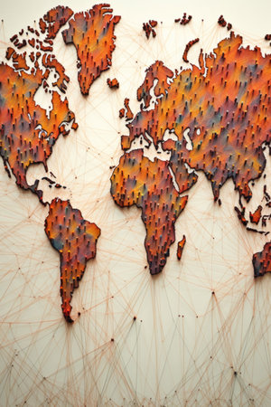 world map with connecting lines representing travel, created with generative aiの素材