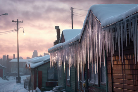 icicles hanging from a rooftop with snow in background, created with generative aiの素材