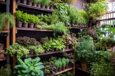 a variety of herbs growing in a vertical garden setup, created with generative aiの素材