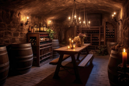 atmospheric candlelight illuminating a wine cellar, created with generative aiの素材