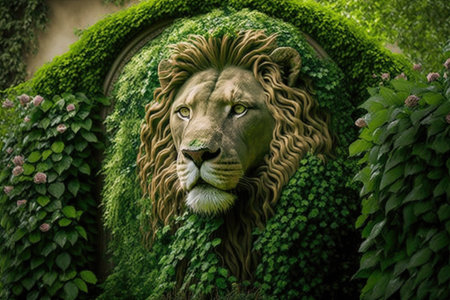 topiary of a lions head, surrounded by greenery and flowers, created with generative aiの素材