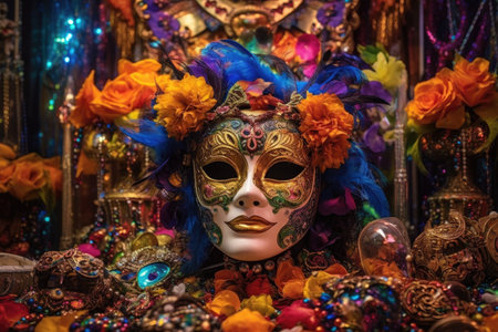 mask surrounded by mardi gras decorations and lights, created with generative aiの素材