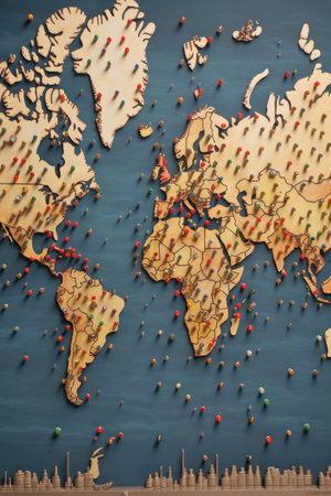 world map with pins marking famous landmarks, created with generative aiの素材