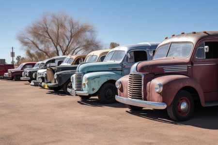 vans and trucks of the past parked in row, ready for a road trip, created with generative aiの素材