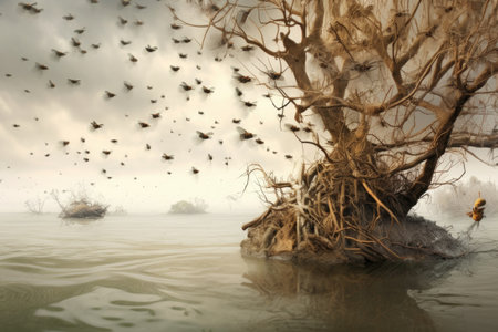 insects swarming on a tree branch above tsunami floodwaters, created with generative aiの素材