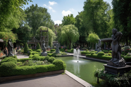 park with sculptures and fountains, surrounded by greenery, created with generative aiの素材