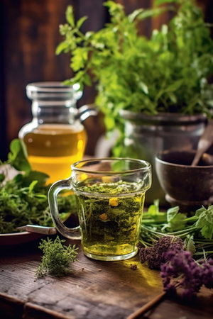 herbal tea and fresh herbs on table, created with generative aiの素材