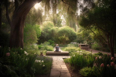 person, practicing yoga and meditation, surrounded by serene garden setting, created with generative aiの素材