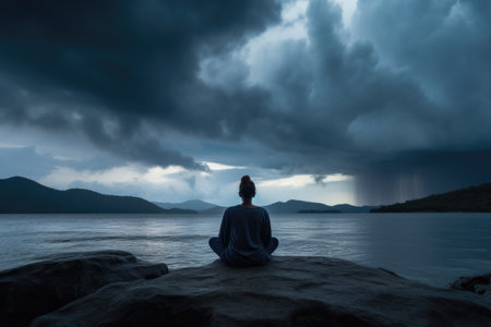 person, meditating, with storm brewing in the background, created with generative aiの素材