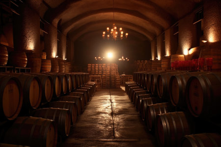 rows of wooden barrels in a dimly lit wine cellar, created with generative aiの素材