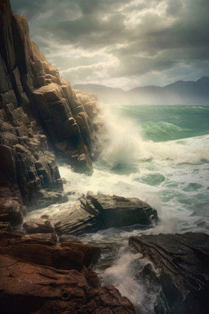 stormy waves crashing against a rocky shore, created with generative aiの素材