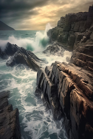 stormy waves crashing against a rocky shore, created with generative aiの素材