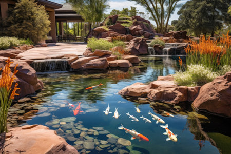 serene koi pond surrounded by zen garden rocks, created with generative aiの素材