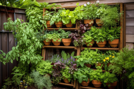 a variety of herbs growing in a vertical garden setup, created with generative aiの素材