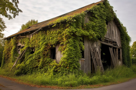 abandoned barn with ivy crawling up the walls, created with generative aiの素材