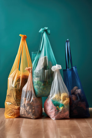 reusable shopping bags next to plastic bag waste, created with generative aiの素材