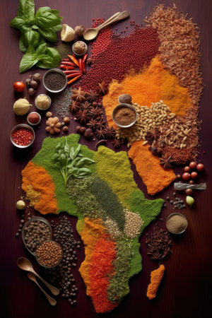 world map formed by arranging various spices and herbs, created with generative aiの素材