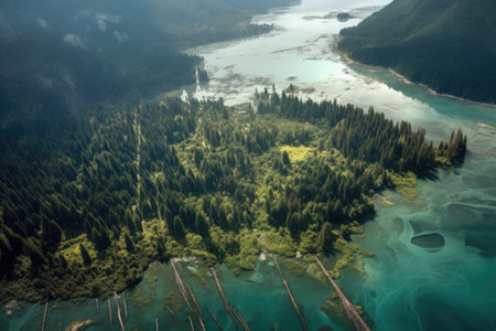 aerial view of a forest being submerged by tsunami waters, created with generative aiの素材