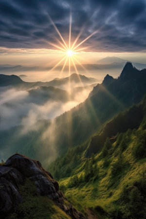 dramatic sunburst through morning fog over mountains, created with generative aiの素材