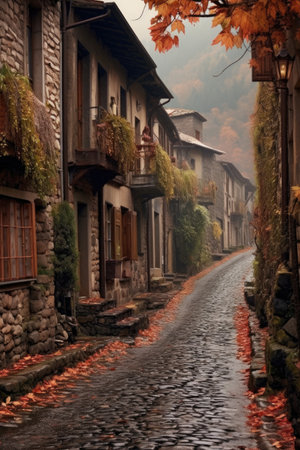 picturesque village with cobblestone streets, created with generative aiの素材