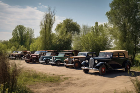 vintage vehicle collection, with multiple vehicles, against a backdrop of natural beauty, created with generative aiの素材