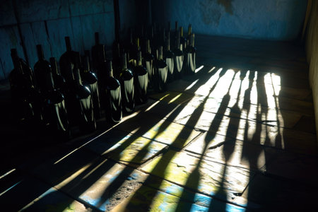 abstract view of wine bottle shadows on cellar floor, created with generative aiの素材