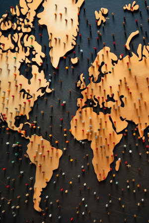 world map with pins marking famous landmarks, created with generative aiの素材