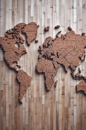 textured world map on wooden background, created with generative aiの素材