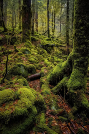 moss-covered forest floor with rich textures, created with generative aiの素材