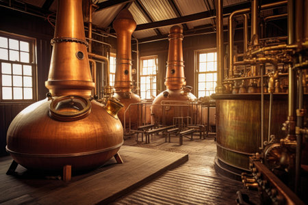 whisky stills in a traditional distillery setting, created with generative aiの素材