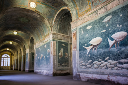 mosaic of sea creatures in roman bathhouse, created with generative aiの素材