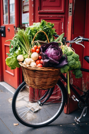 bicycle with basket filled with fresh produce, created with generative aiの素材