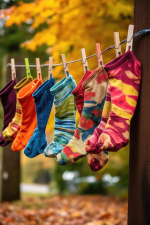 colorful socks hanging on a clothesline with autumn leaves, created with generative aiの素材