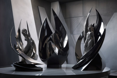 unique sculptures in futuristic setting, with sleek and angular shapes, created with generative aiの素材