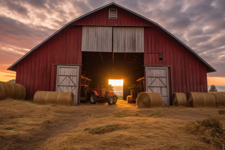 barn with large open doors revealing hay bales inside, created with generative aiの素材