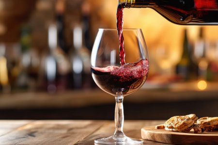 pouring red wine into a glass, blurred background, created with generative aiの素材