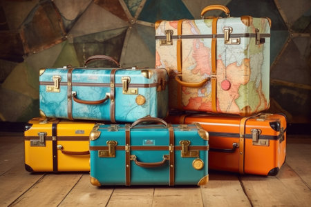retro suitcases with maps and compasses on top, created with generative aiの素材