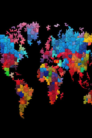 puzzle pieces forming a world map for global unity, created with generative aiの素材