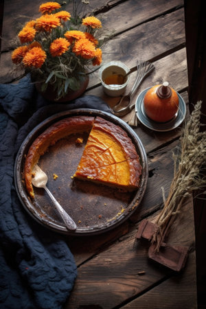 pumpkin pie on a rustic wooden table, top view, created with generative aiの素材