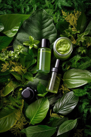 natural skincare products with green leaves, created with generative aiの素材