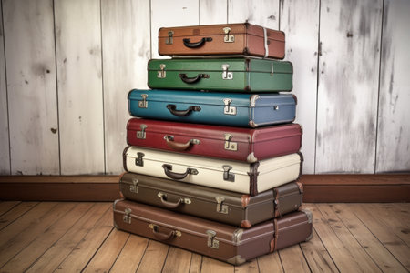 stack of classic leather suitcases on wooden floor, created with generative aiの素材