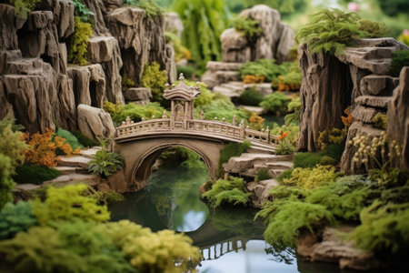 zen garden with stone bridge over a tranquil pond, created with generative aiの素材