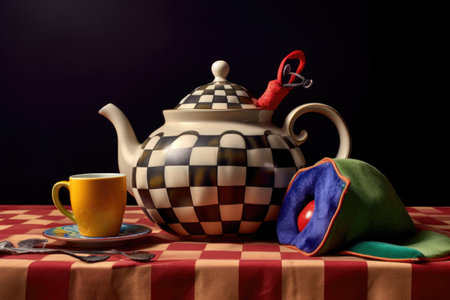 whimsical alice in wonderland-inspired teapot on a checkered tablecloth, created with generative aiの素材