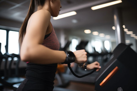 person, wearing smartwatch and fitness tracker, running on treadmill in gym, created with generative aiの素材