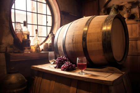 oak barrel with wine aging in a cellar, created with generative aiの素材