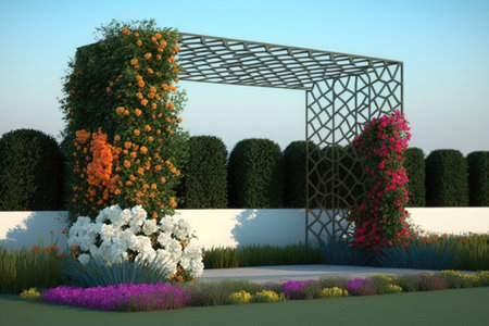 modern trellis, with sleek and minimalist design, surrounded by colorful blooms, created with generative aiの素材